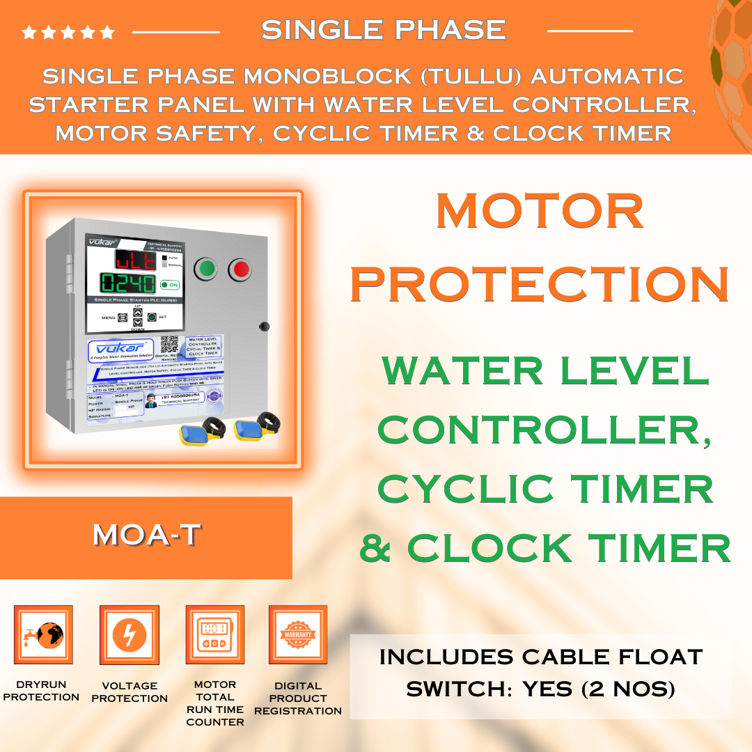 Single Phase Monoblock (Tullu) Automatic Starter Panel with Water Level Controller, Motor Safety, Cyclic Timer & Clock Timer (MOA-T)