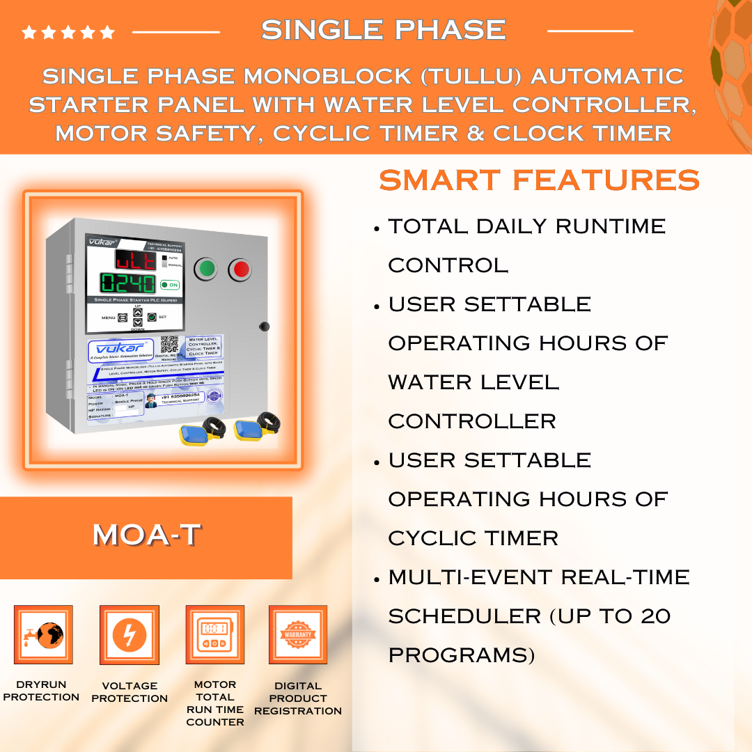 Single Phase Monoblock (Tullu) Automatic Starter Panel with Water Level Controller, Motor Safety, Cyclic Timer & Clock Timer (MOA-T)