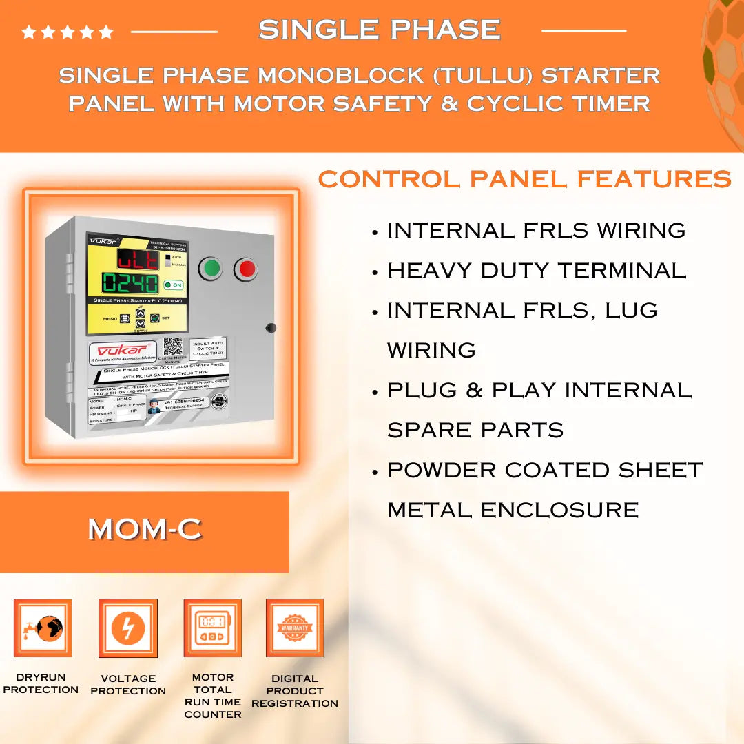 Single Phase Monoblock (Tullu) Starter Panel with Motor Safety & Cyclic Timer (MOM-C) VUKAR
