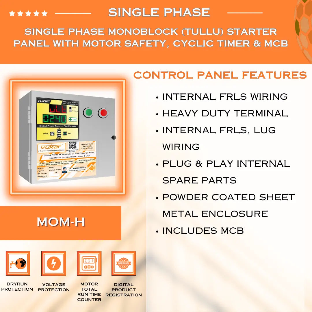 Single Phase Monoblock (Tullu) Starter Panel with Motor Safety, Cyclic Timer & MCB (MOM-H) VUKAR