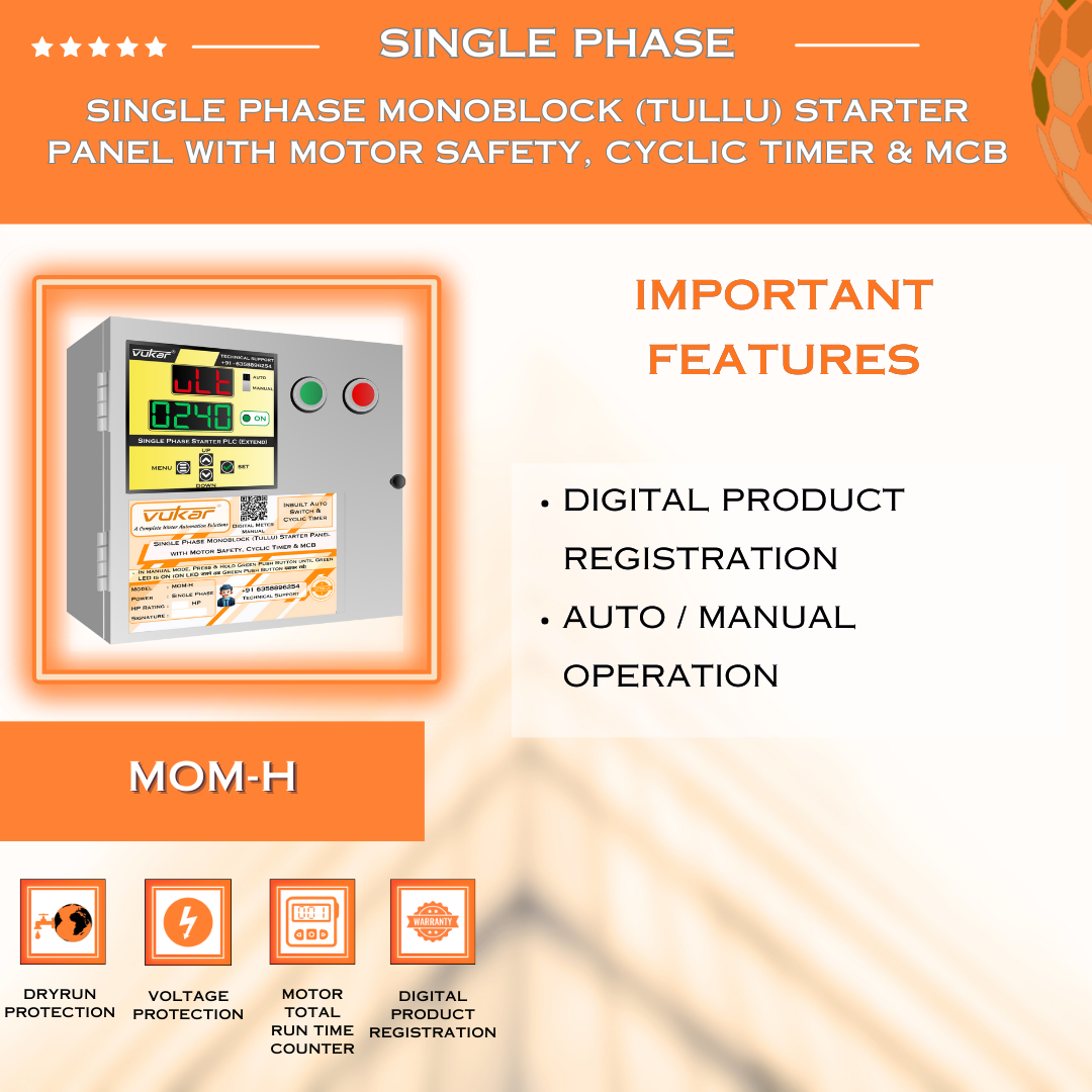 Single Phase Monoblock (Tullu) Starter Panel with Motor Safety, Cyclic Timer & MCB (MOM-H)