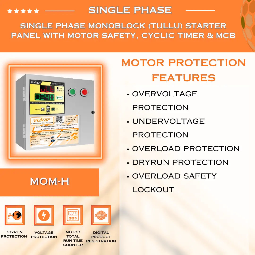 Single Phase Monoblock (Tullu) Starter Panel with Motor Safety, Cyclic Timer & MCB (MOM-H) VUKAR