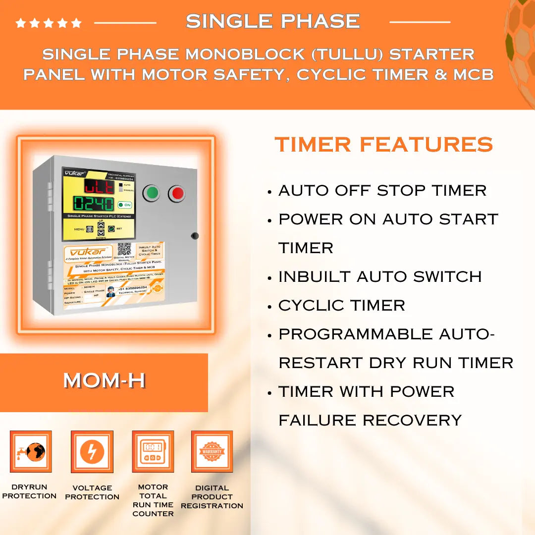 Single Phase Monoblock (Tullu) Starter Panel with Motor Safety, Cyclic Timer & MCB (MOM-H) VUKAR