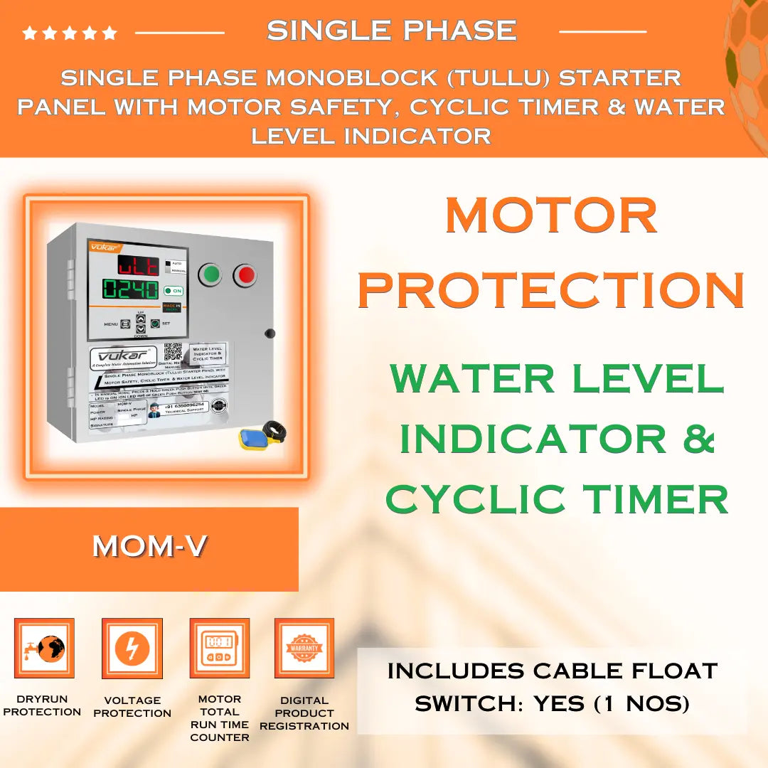 Single Phase Monoblock (Tullu) Starter Panel with Motor Safety, Cyclic Timer & Water Level Indicator (MOM-V) VUKAR