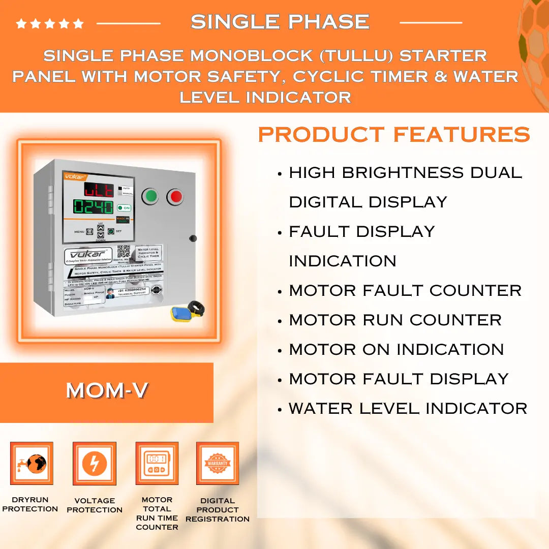 Single Phase Monoblock (Tullu) Starter Panel with Motor Safety, Cyclic Timer & Water Level Indicator (MOM-V) VUKAR
