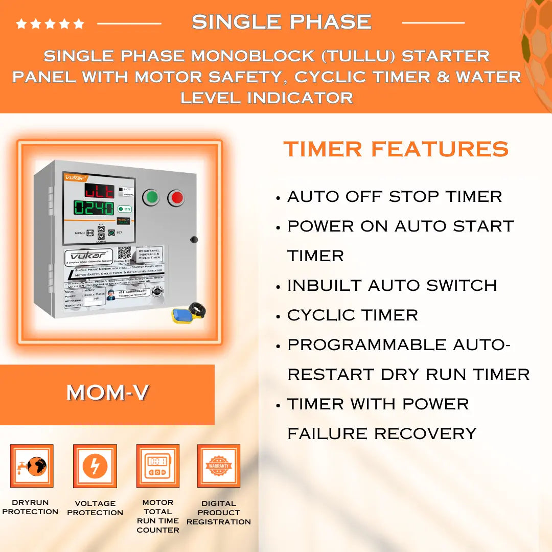 Single Phase Monoblock (Tullu) Starter Panel with Motor Safety, Cyclic Timer & Water Level Indicator (MOM-V) VUKAR