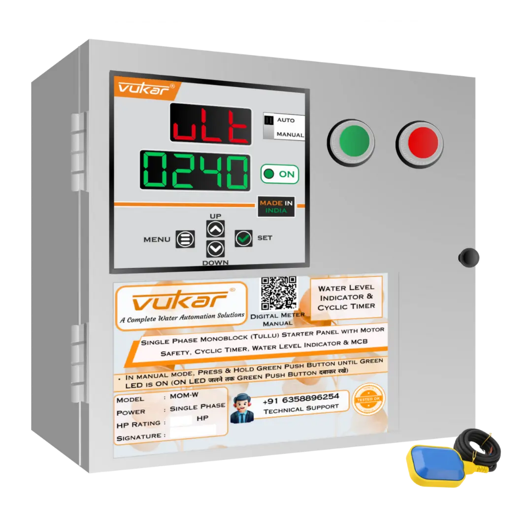Single Phase Monoblock (Tullu) Starter Panel with Motor Safety, Cyclic Timer, Water Level Indicator & MCB (MOM-W) VUKAR
