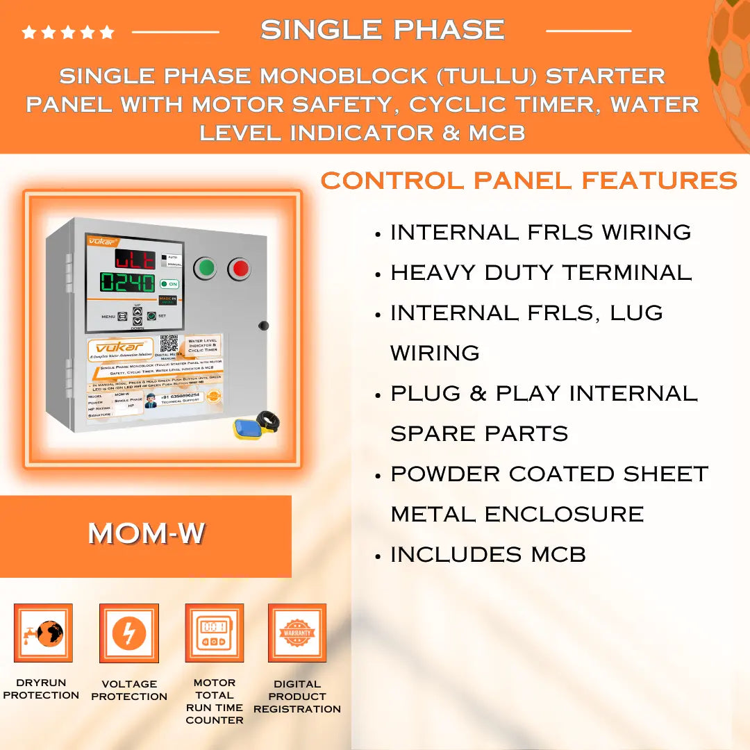 Single Phase Monoblock (Tullu) Starter Panel with Motor Safety, Cyclic Timer, Water Level Indicator & MCB (MOM-W) VUKAR