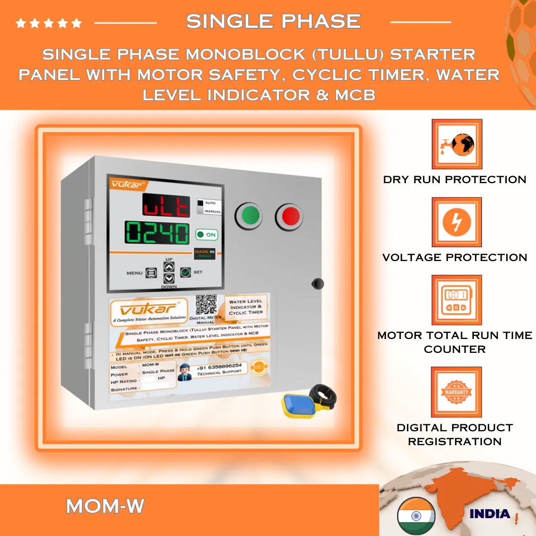Single Phase Monoblock (Tullu) Starter Panel with Motor Safety, Cyclic Timer, Water Level Indicator & MCB (MOM-W) VUKAR