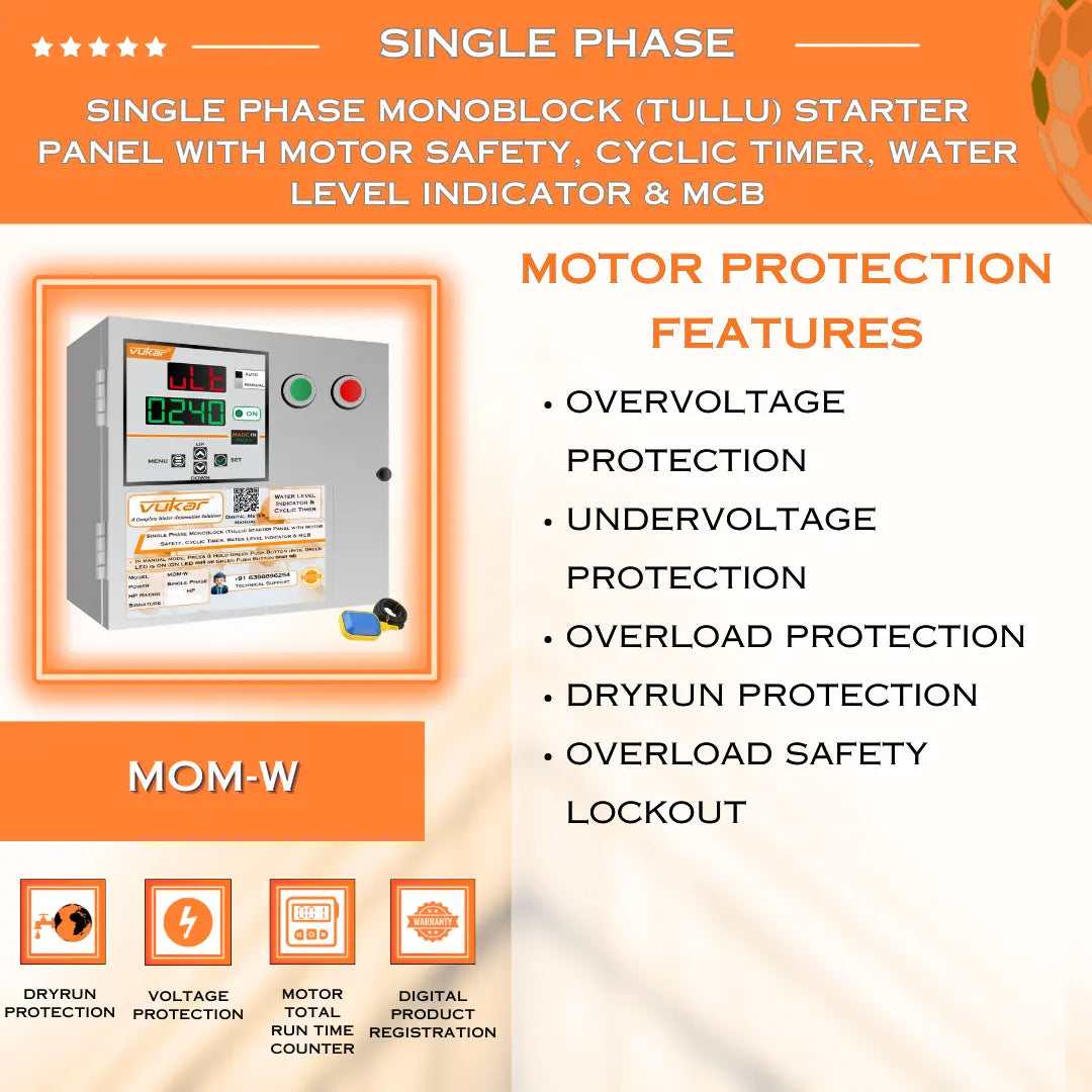 Single Phase Monoblock (Tullu) Starter Panel with Motor Safety, Cyclic Timer, Water Level Indicator & MCB (MOM-W) VUKAR