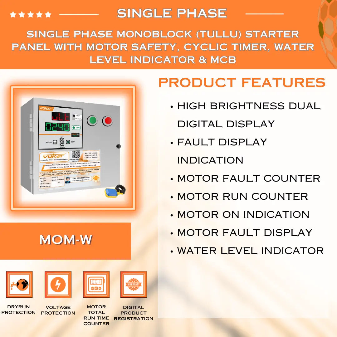 Single Phase Monoblock (Tullu) Starter Panel with Motor Safety, Cyclic Timer, Water Level Indicator & MCB (MOM-W) VUKAR