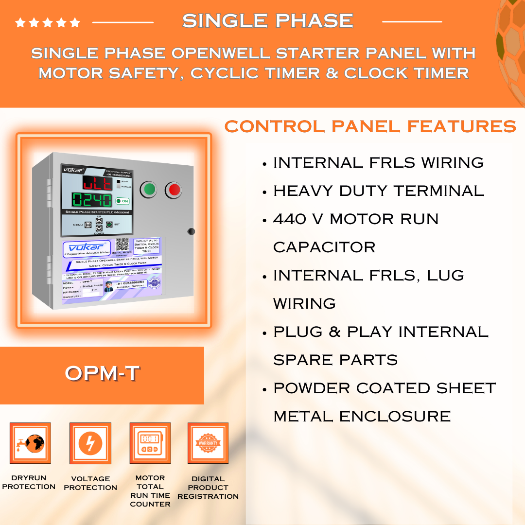 Single Phase Openwell Starter Panel with Motor Safety, Cyclic Timer & Clock Timer (OPM-T)