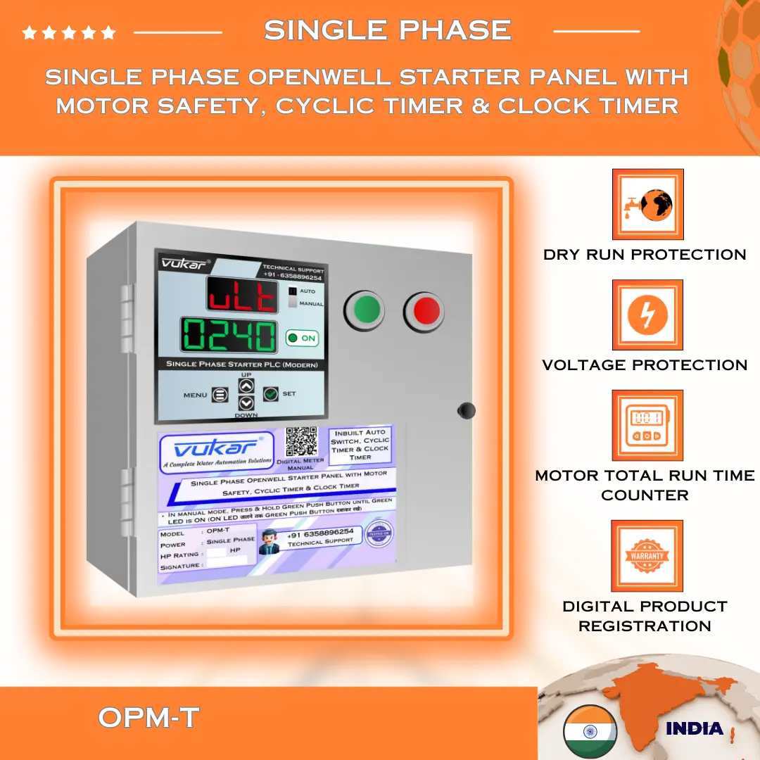 Single Phase Openwell Starter Panel with Motor Safety, Cyclic Timer & Clock Timer (OPM-T) VUKAR