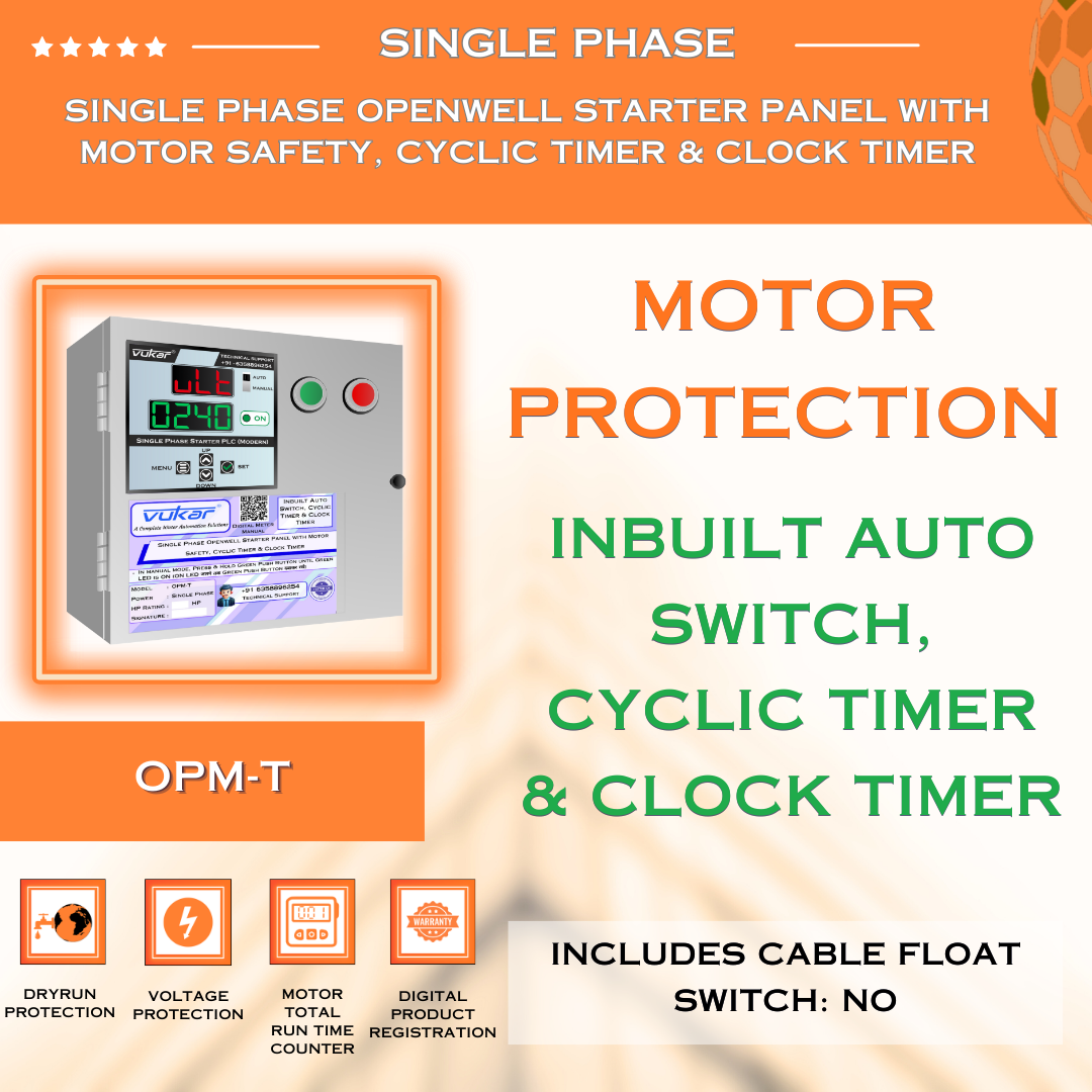 Single Phase Openwell Starter Panel with Motor Safety, Cyclic Timer & Clock Timer (OPM-T)