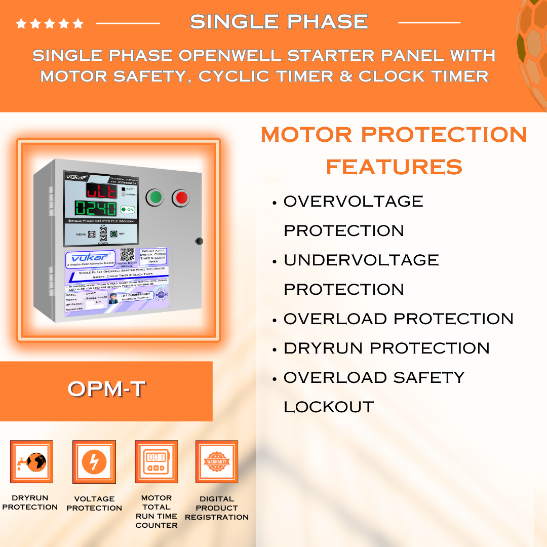 Single Phase Openwell Starter Panel with Motor Safety, Cyclic Timer & Clock Timer (OPM-T)