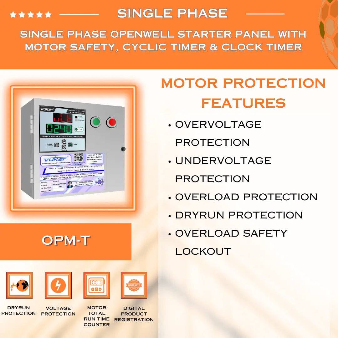 Single Phase Openwell Starter Panel with Motor Safety, Cyclic Timer & Clock Timer (OPM-T) VUKAR