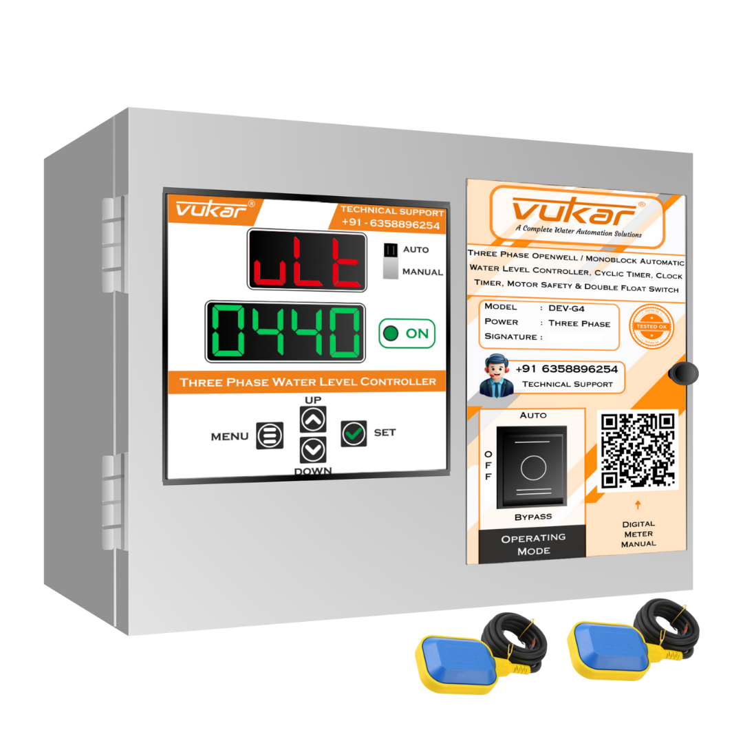 Three Phase Openwell / Monoblock Automatic Water Level Controller, Cyclic Timer, Clock Timer, Motor Safety & Double Float Switch (DEV-G4)