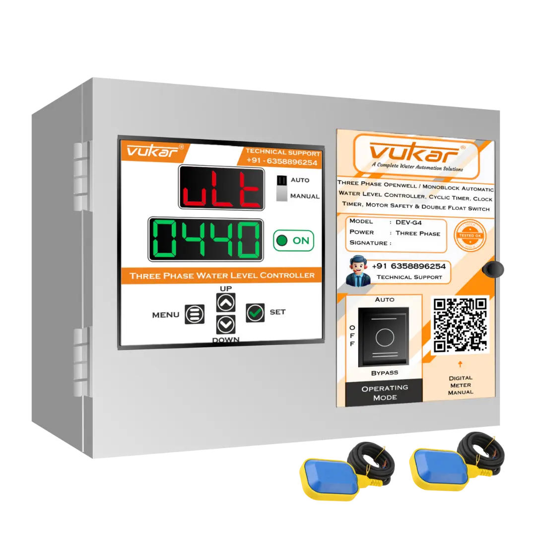 Three Phase Openwell / Monoblock Automatic Water Level Controller, Cyclic Timer, Clock Timer, Motor Safety & Double Float Switch (DEV-G4) VUKAR