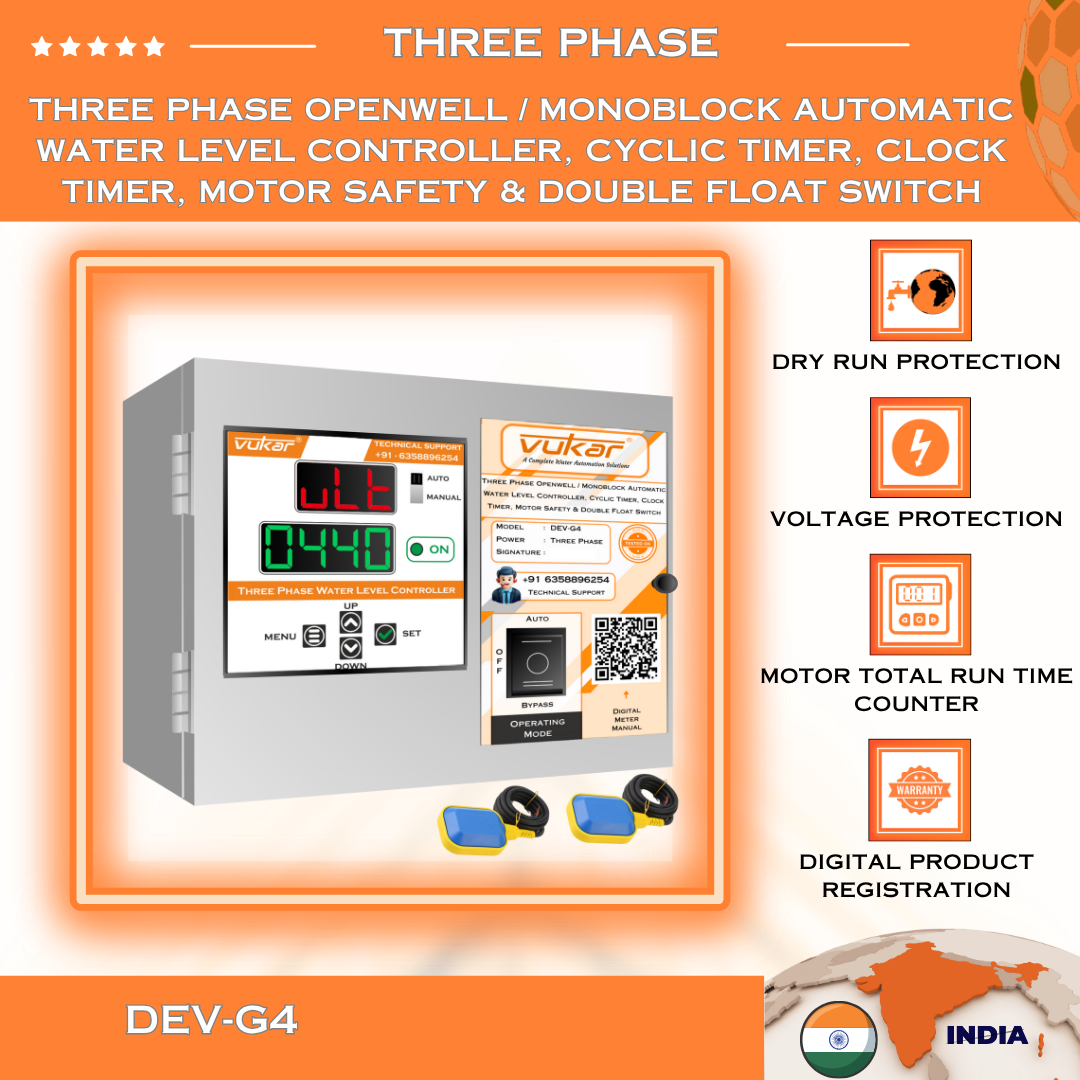 Three Phase Openwell / Monoblock Automatic Water Level Controller, Cyclic Timer, Clock Timer, Motor Safety & Double Float Switch (DEV-G4)