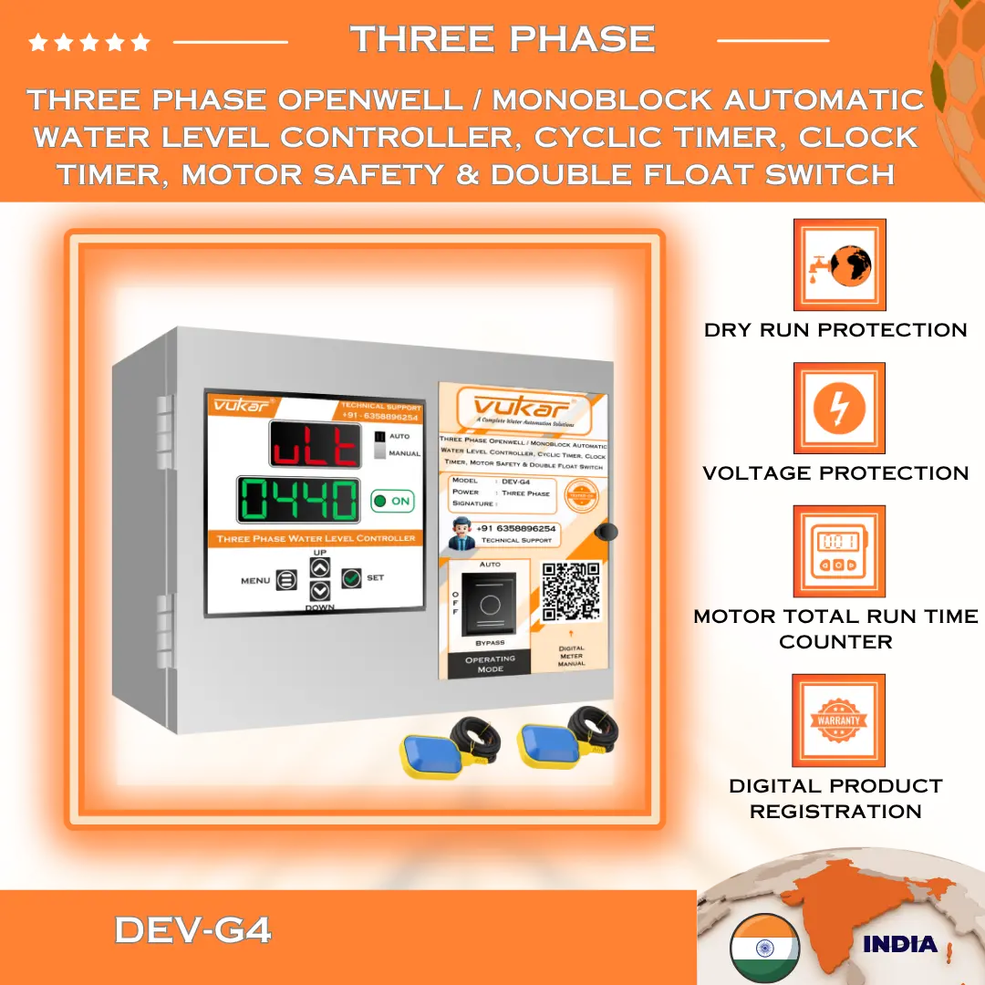 Three Phase Openwell / Monoblock Automatic Water Level Controller, Cyclic Timer, Clock Timer, Motor Safety & Double Float Switch (DEV-G4) VUKAR
