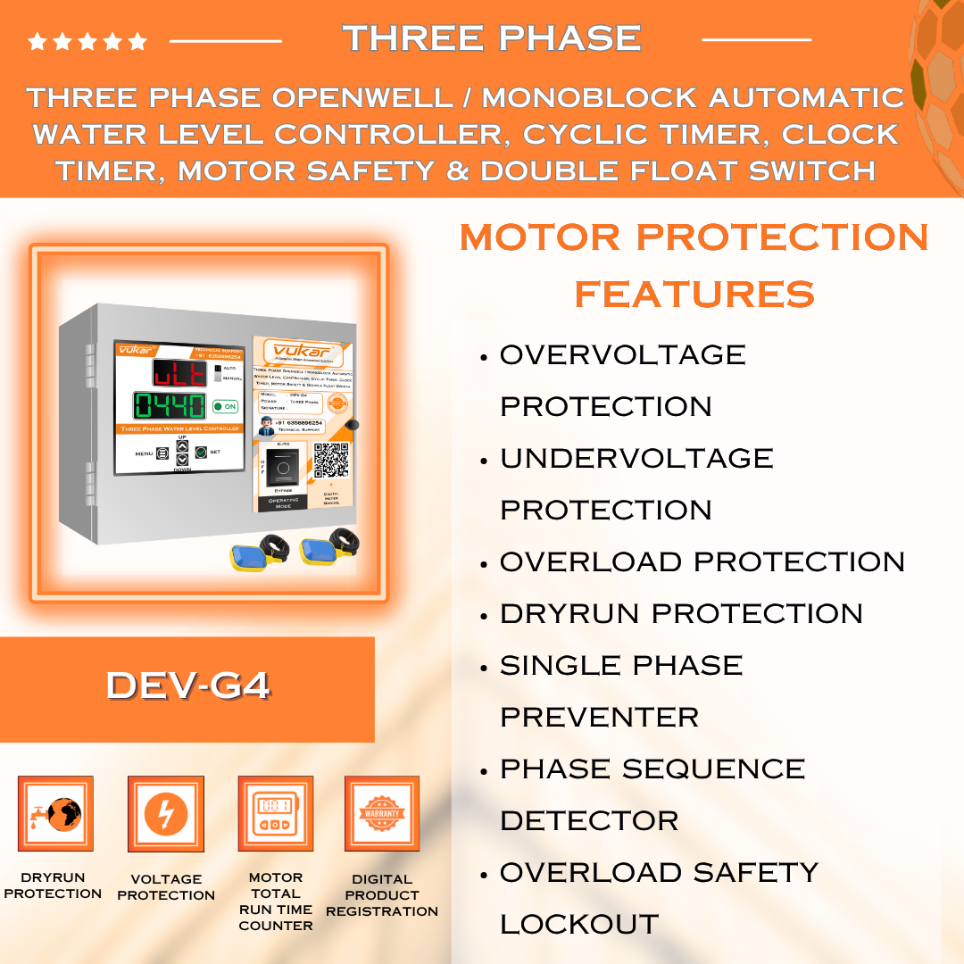 Three Phase Openwell / Monoblock Automatic Water Level Controller, Cyclic Timer, Clock Timer, Motor Safety & Double Float Switch (DEV-G4)