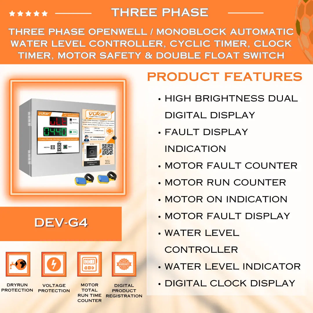 Three Phase Openwell / Monoblock Automatic Water Level Controller, Cyclic Timer, Clock Timer, Motor Safety & Double Float Switch (DEV-G4) VUKAR