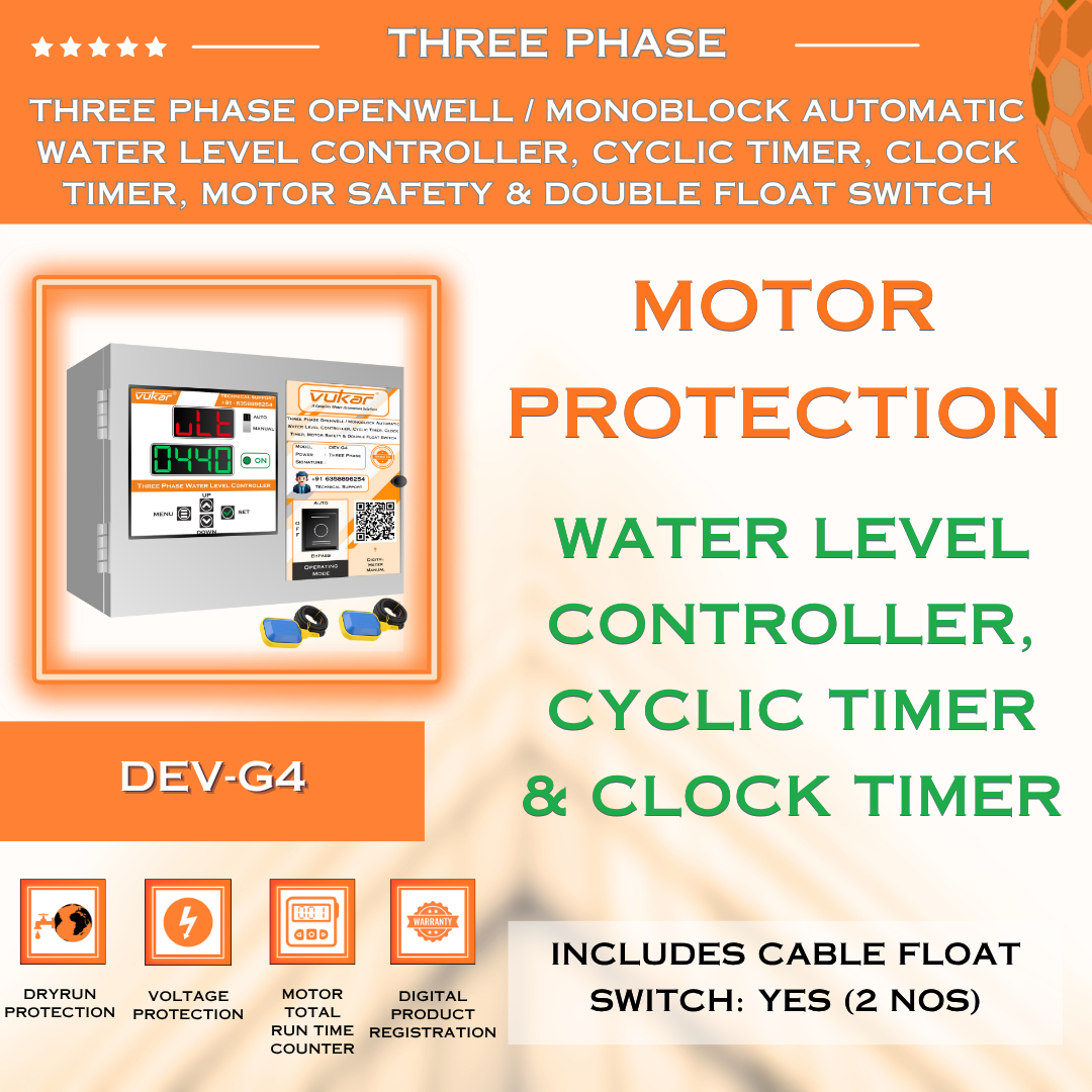 Three Phase Openwell / Monoblock Automatic Water Level Controller, Cyclic Timer, Clock Timer, Motor Safety & Double Float Switch (DEV-G4)