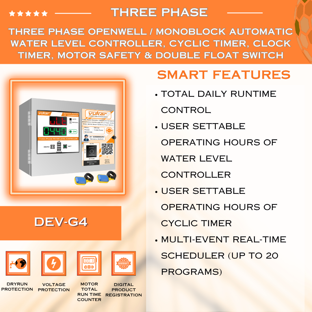 Three Phase Openwell / Monoblock Automatic Water Level Controller, Cyclic Timer, Clock Timer, Motor Safety & Double Float Switch (DEV-G4)