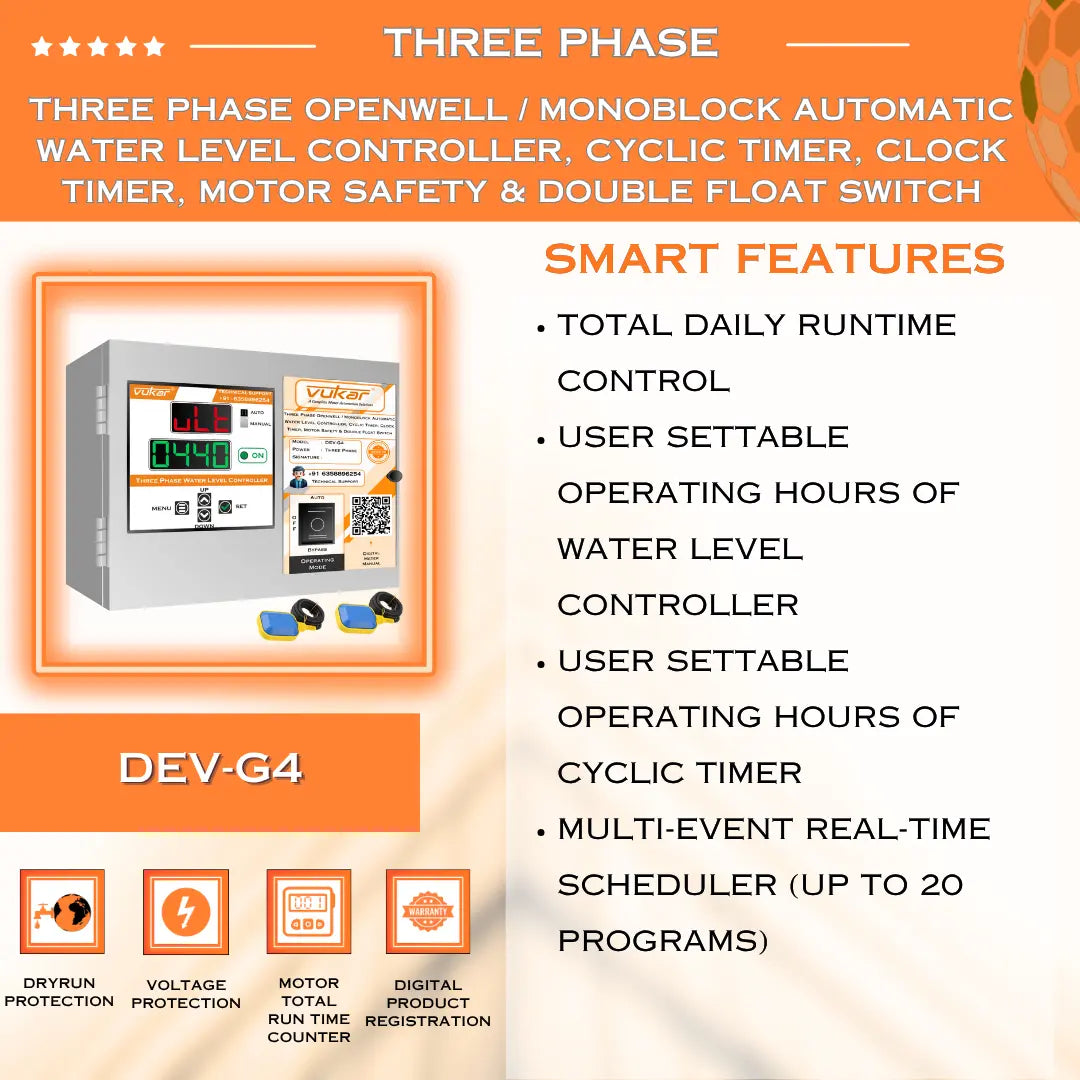 Three Phase Openwell / Monoblock Automatic Water Level Controller, Cyclic Timer, Clock Timer, Motor Safety & Double Float Switch (DEV-G4) VUKAR