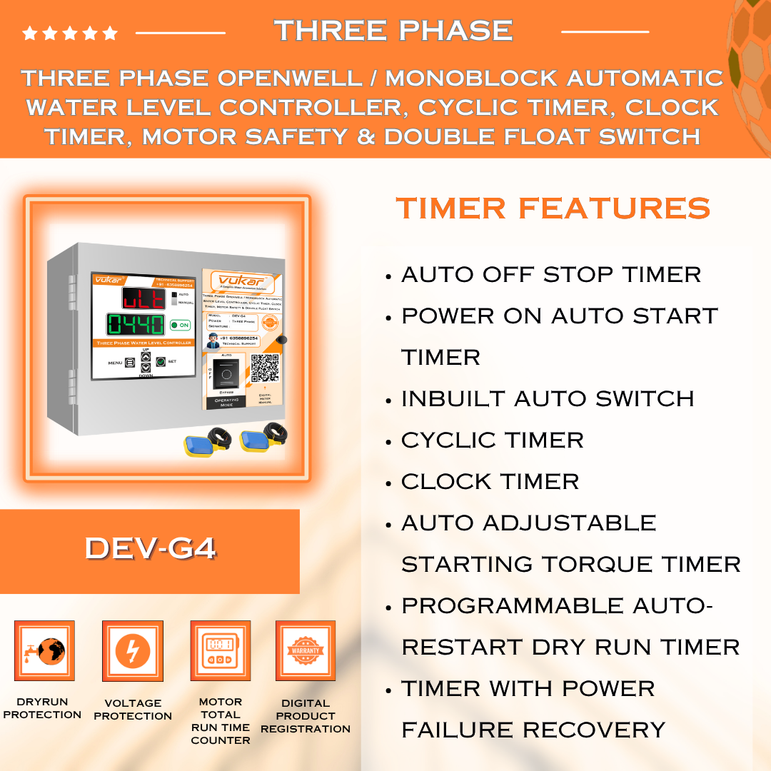 Three Phase Openwell / Monoblock Automatic Water Level Controller, Cyclic Timer, Clock Timer, Motor Safety & Double Float Switch (DEV-G4)