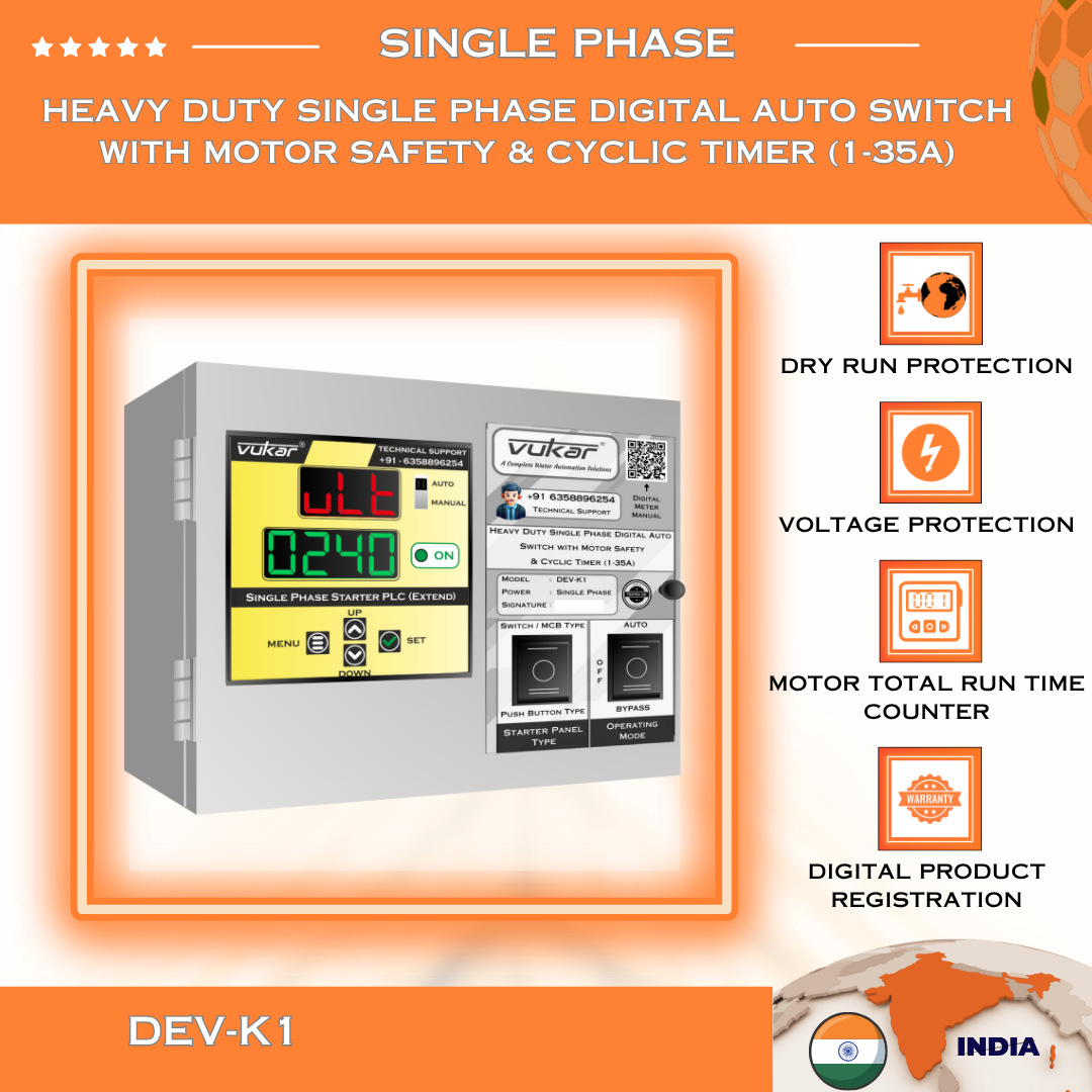 Heavy Duty Single Phase Digital Auto Switch with Motor Safety & Cyclic Timer (1-35A) (DEV-K1)