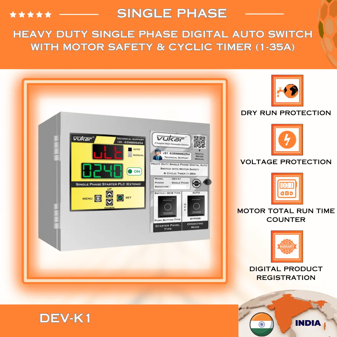 Heavy Duty Single Phase Digital Auto Switch with Motor Safety & Cyclic Timer (1-35A) (DEV-K1) VUKAR