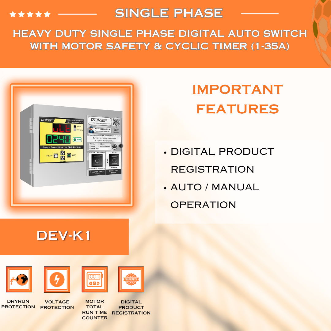 Heavy Duty Single Phase Digital Auto Switch with Motor Safety & Cyclic Timer (1-35A) (DEV-K1)