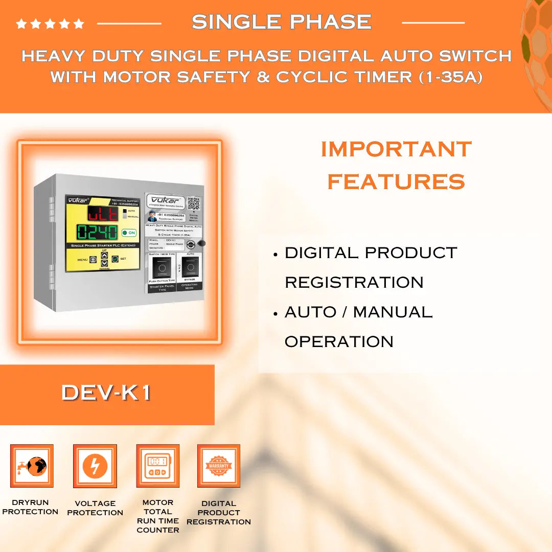 Heavy Duty Single Phase Digital Auto Switch with Motor Safety & Cyclic Timer (1-35A) (DEV-K1) VUKAR