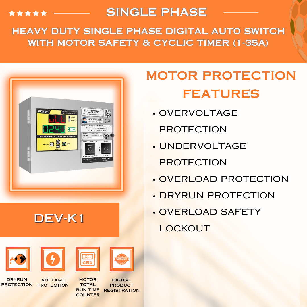 Heavy Duty Single Phase Digital Auto Switch with Motor Safety & Cyclic Timer (1-35A) (DEV-K1)