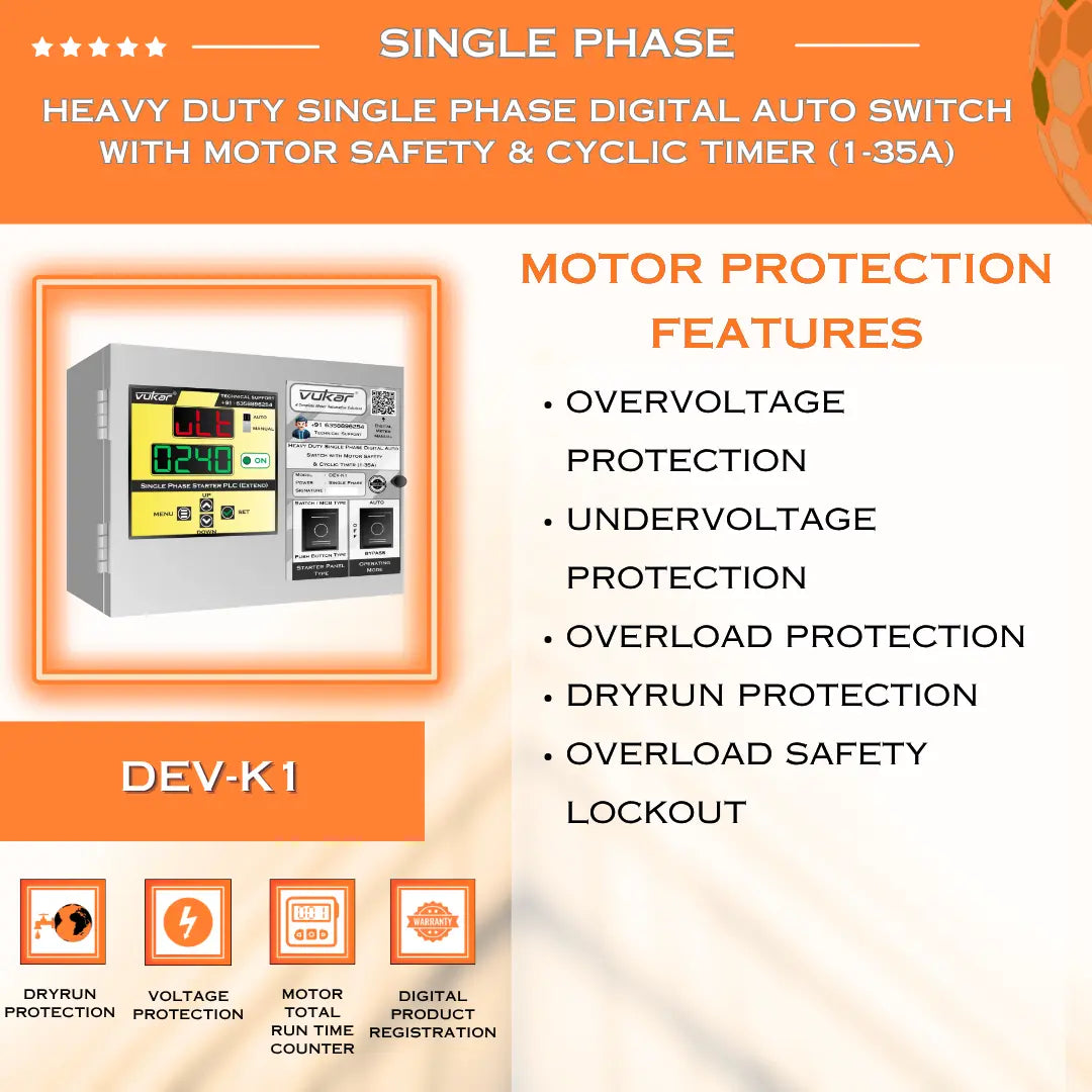 Heavy Duty Single Phase Digital Auto Switch with Motor Safety & Cyclic Timer (1-35A) (DEV-K1) VUKAR