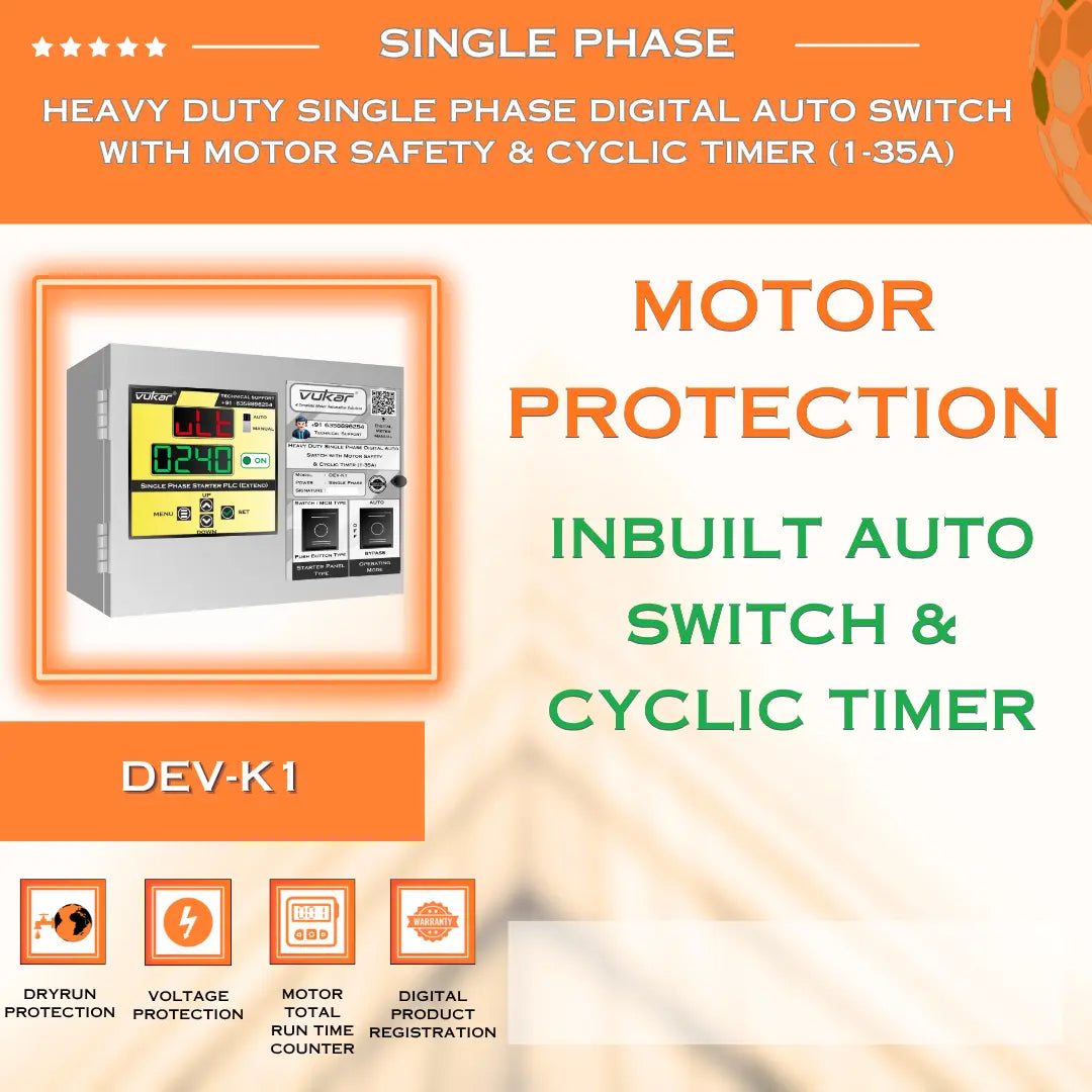 Heavy Duty Single Phase Digital Auto Switch with Motor Safety & Cyclic Timer (1-35A) (DEV-K1) VUKAR