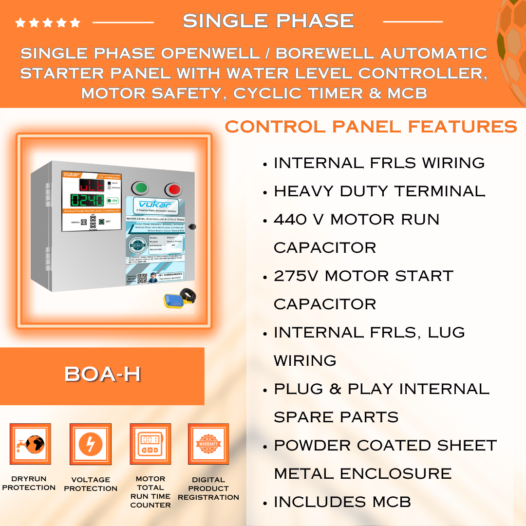 Single Phase Openwell / Borewell Automatic Starter Panel with Water Level Controller, Motor Safety, Cyclic Timer & MCB (BOA-H)
