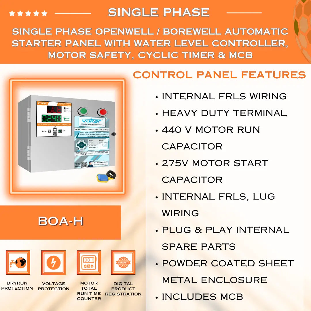 Single Phase Openwell / Borewell Automatic Starter Panel with Water Level Controller,  Motor Safety, Cyclic Timer & MCB (BOA-H) VUKAR