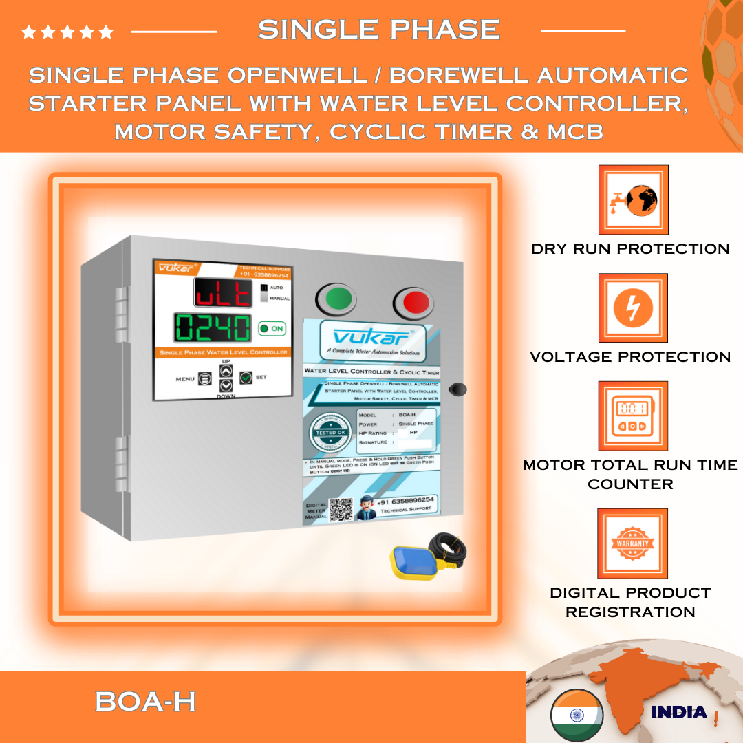 Single Phase Openwell / Borewell Automatic Starter Panel with Water Level Controller, Motor Safety, Cyclic Timer & MCB (BOA-H)
