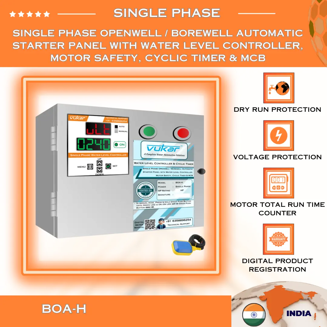 Single Phase Openwell / Borewell Automatic Starter Panel with Water Level Controller,  Motor Safety, Cyclic Timer & MCB (BOA-H) VUKAR
