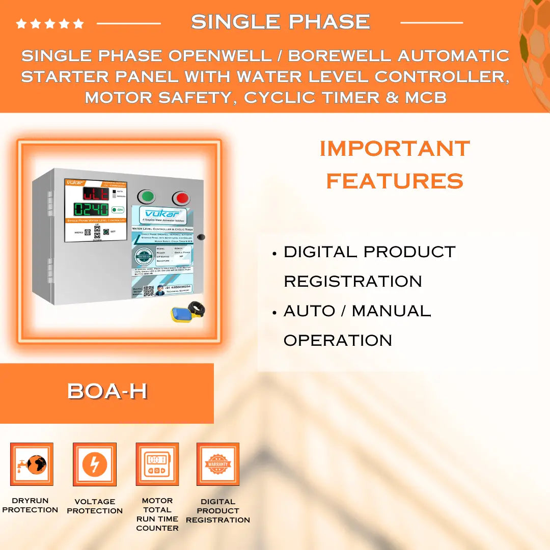 Single Phase Openwell / Borewell Automatic Starter Panel with Water Level Controller,  Motor Safety, Cyclic Timer & MCB (BOA-H) VUKAR