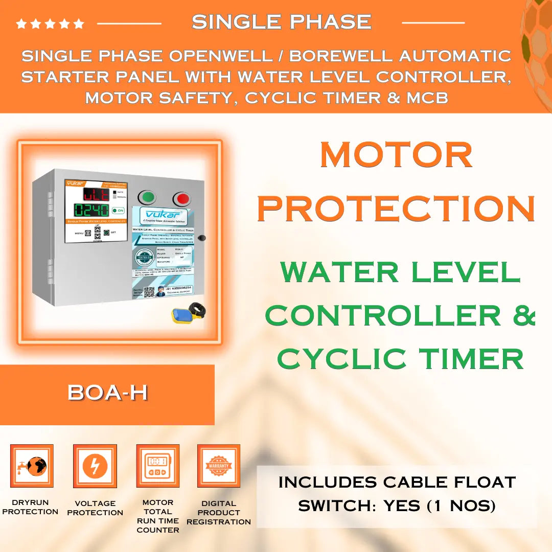 Single Phase Openwell / Borewell Automatic Starter Panel with Water Level Controller,  Motor Safety, Cyclic Timer & MCB (BOA-H) VUKAR
