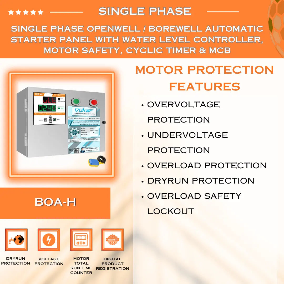 Single Phase Openwell / Borewell Automatic Starter Panel with Water Level Controller,  Motor Safety, Cyclic Timer & MCB (BOA-H) VUKAR
