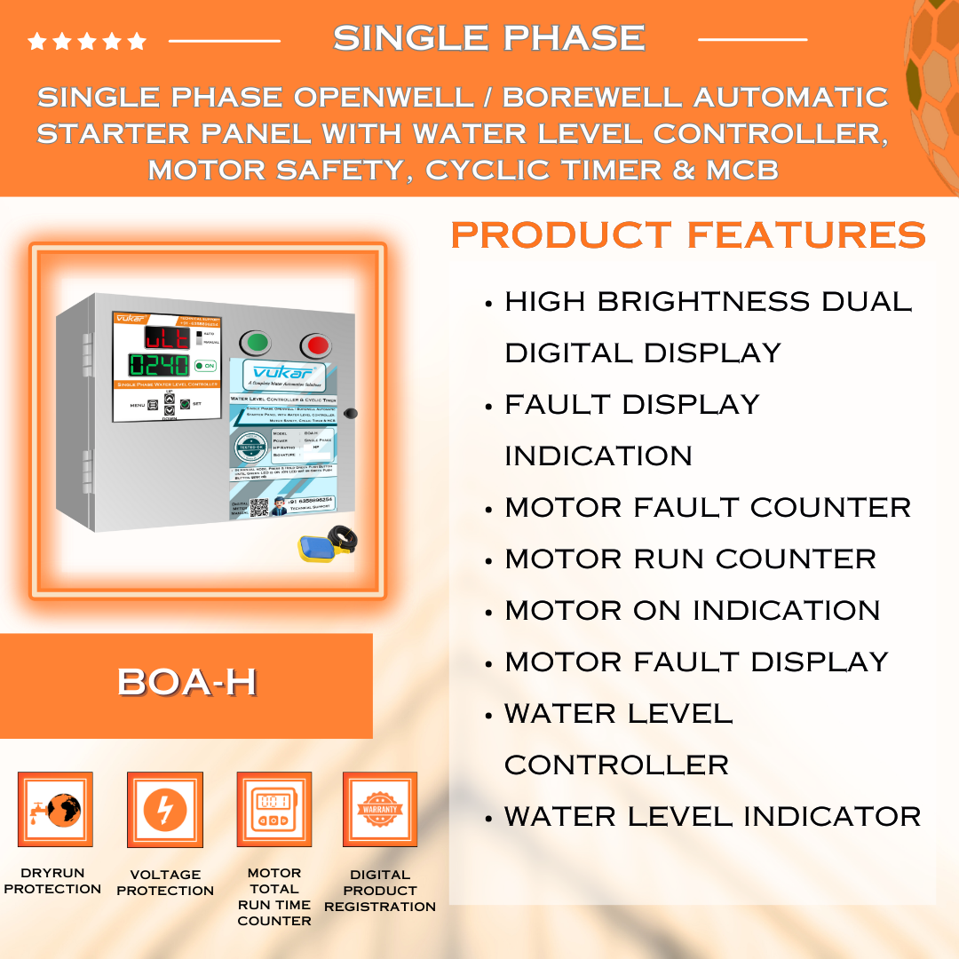 Single Phase Openwell / Borewell Automatic Starter Panel with Water Level Controller, Motor Safety, Cyclic Timer & MCB (BOA-H)
