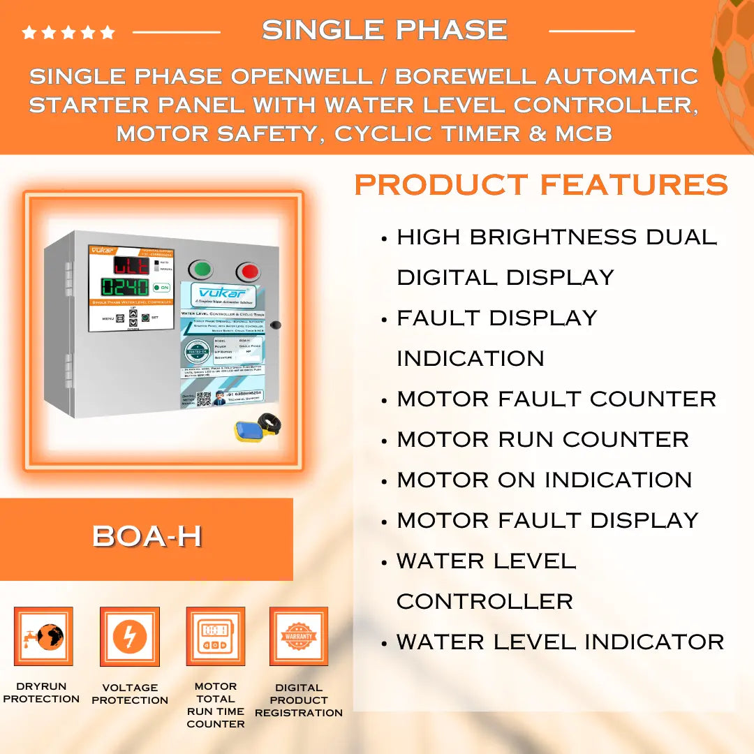 Single Phase Openwell / Borewell Automatic Starter Panel with Water Level Controller,  Motor Safety, Cyclic Timer & MCB (BOA-H) VUKAR