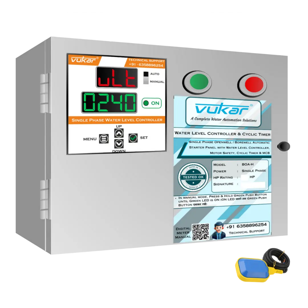Single Phase Openwell / Borewell Automatic Starter Panel with Water Level Controller,  Motor Safety, Cyclic Timer & MCB (BOA-H) VUKAR