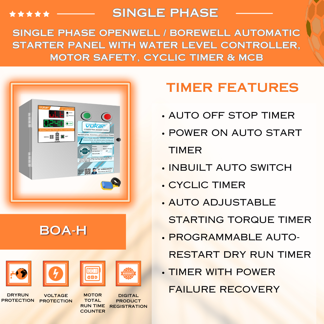 Single Phase Openwell / Borewell Automatic Starter Panel with Water Level Controller, Motor Safety, Cyclic Timer & MCB (BOA-H)