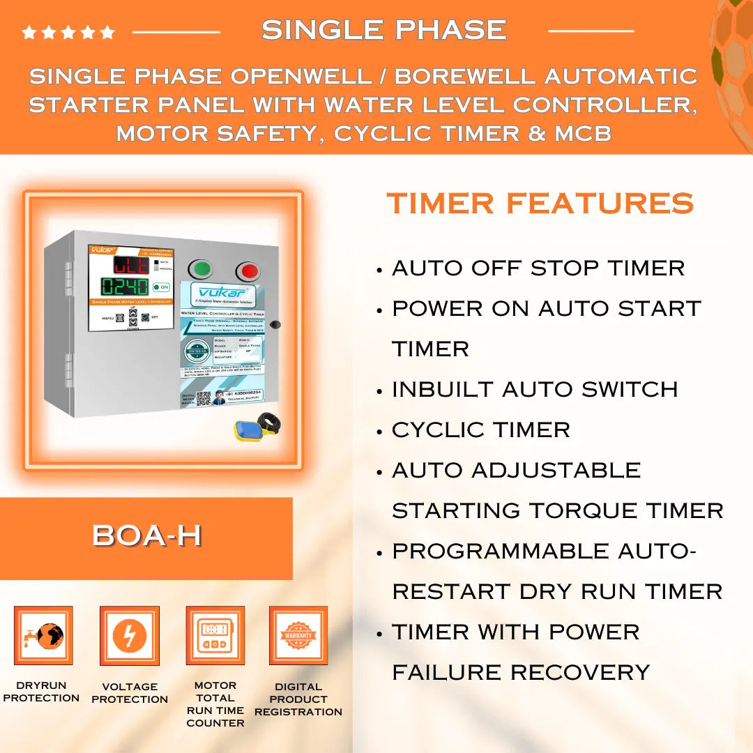 Single Phase Openwell / Borewell Automatic Starter Panel with Water Level Controller,  Motor Safety, Cyclic Timer & MCB (BOA-H) VUKAR