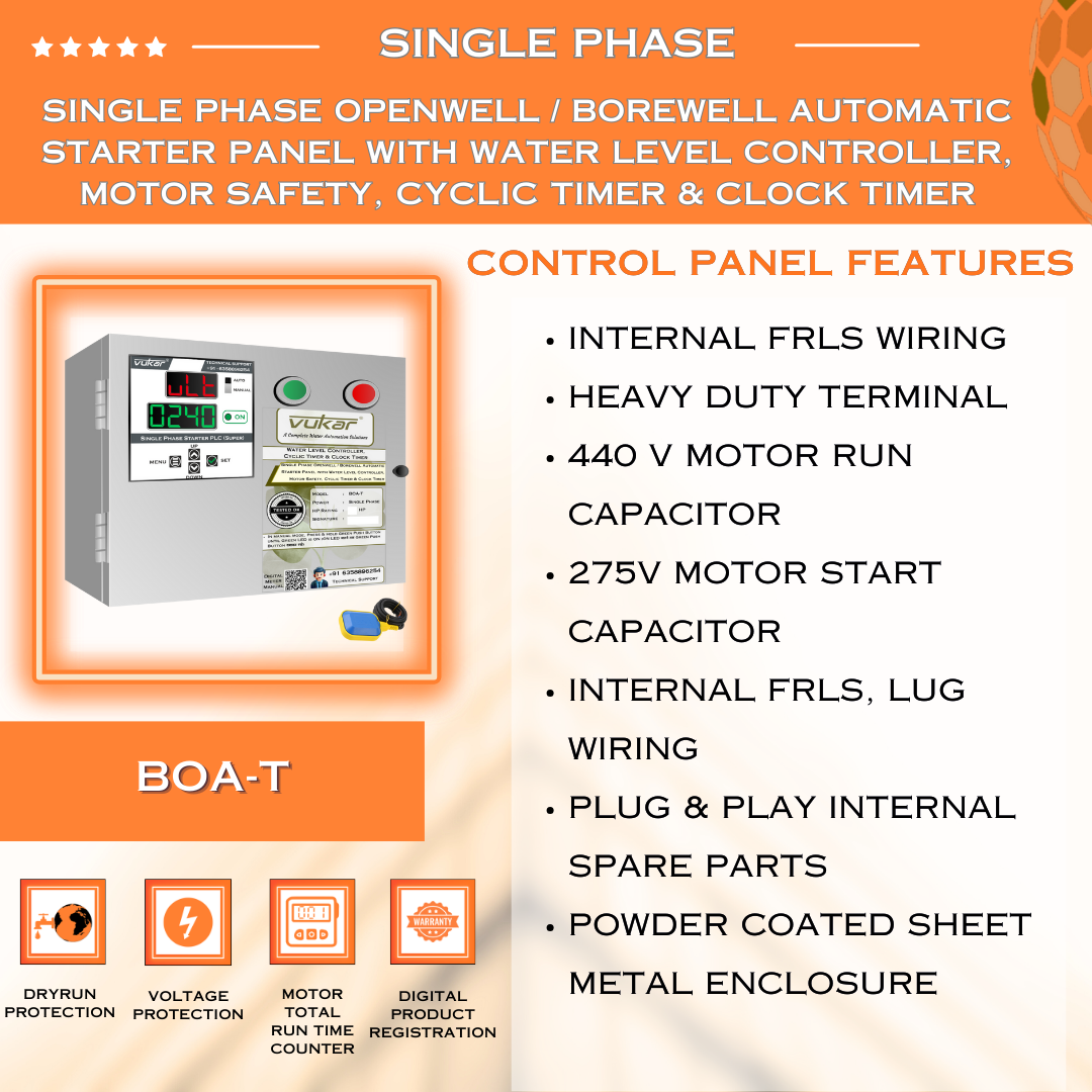 Single Phase Openwell / Borewell Automatic Starter Panel with Water Level Controller, Motor Safety, Cyclic Timer & Clock Timer (BOA-T)